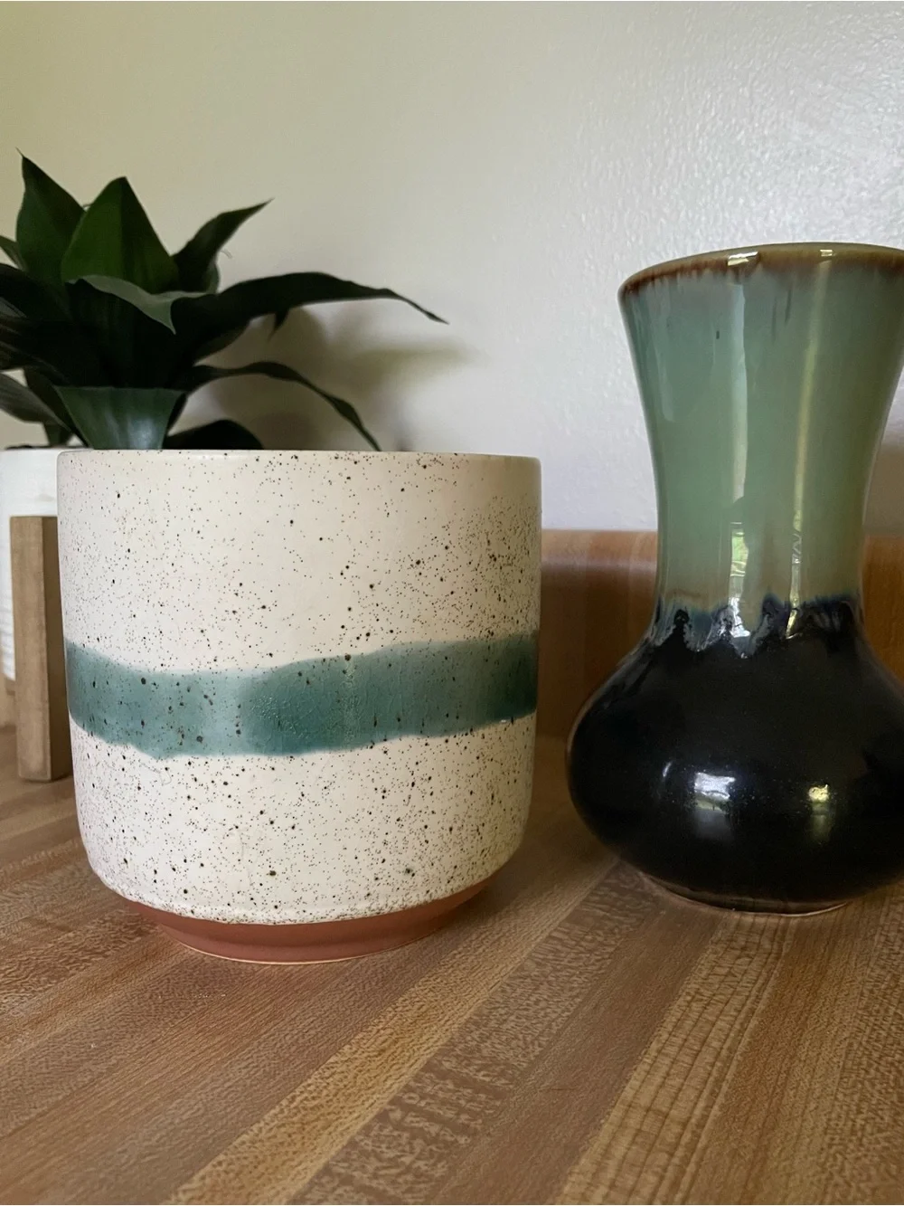 Handmade Green Glazed Ceramic Vase and Planter Set